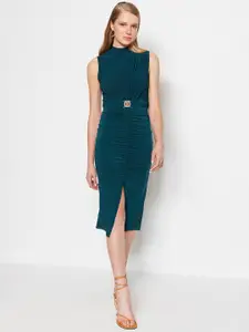 Trendyol Round Neck Pleated Belted Ruched Sheath Dress