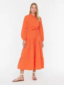 Trendyol Mandarin Collar Cuffed Sleeves Fit & Flare Midi Dress