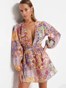 Trendyol Ethnic Motifs Print Puff Sleeve Fit & Flare Cotton Mini Dress