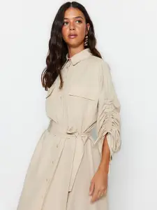 Trendyol Shirt Collar Tie Up Ruched Shirt Dress