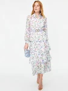 Trendyol Floral Printed Cuffed Sleeves Layered Midi Shirt Dress