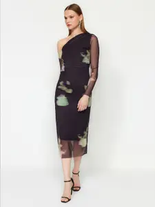 Trendyol Abstract Printed One Shoulder Sheath Midi Dress
