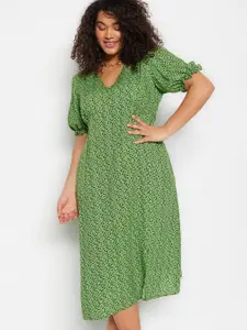 Trendyol Plus Size Floral Printed Puff Sleeve A-Line Midi Dress