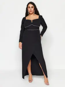 Trendyol Plus Size Square Neck Long Sleeves Embellished Maxi Dress