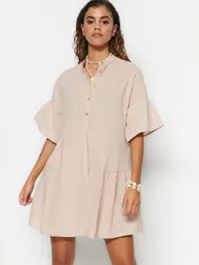 Trendyol Mandarin Collar Bell Sleeve Above Knee Cotton A-Line Dress