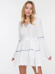 Trendyol Graphic Printed Belted Pure Cotton Fit & Flare Mini Dress