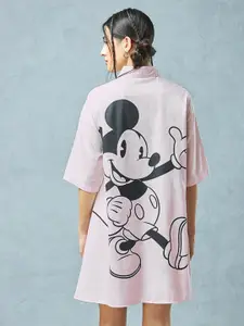 Bewakoof Purple Mickey Mouse Printed Shirt Collar Cotton Oversized Shirt Dress