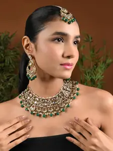 I Jewels Gold-Plated Floral Choker Necklace & Earrings Set With Maang Tika