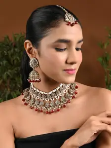 I Jewels Gold-Plated Kundan Studded & Beads Beaded Necklace With Earrings & Maang Tika