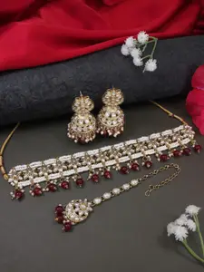I Jewels Gold-Plated Stones Studded & Beads Beaded Necklace With Earrings & Maang Tika