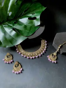 I Jewels Gold-Plated Stones Studded & Beads Beaded Necklace With Earrings & Maang Tika