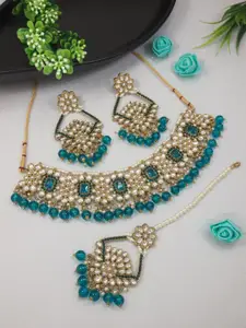 I Jewels Gold-Plated Kundan Studded & Beads Beaded Necklace With Earrings & Maang Tika