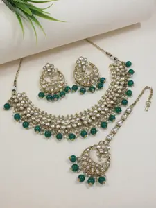 I Jewels Gold-Plated Kundan Studded & Beads Beaded Necklace With Earrings & Maang Tika