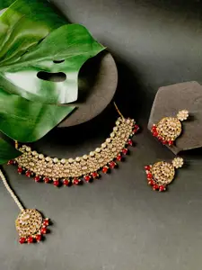 I Jewels Gold-Plated Kundan Studded & Beads Beaded Necklace With Earrings & Maang Tika