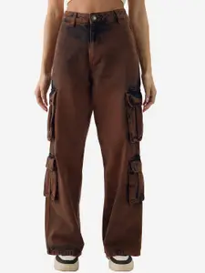 The Souled Store Women Brown Mid-Rise Wide Leg Heavy Fade Pure Cotton Cargo Jeans