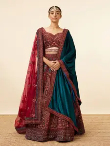 MOHEY Embroidered Velvet Semi-Stitched Lehenga & Unstitched Blouse With Dupatta & Belt