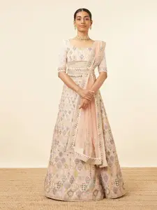 MOHEY Embroidered Mirror Work Semi-Stitched Lehenga & Unstitched Blouse With Dupatta