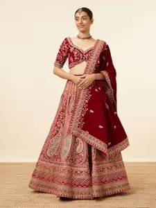 MOHEY Embroidered Velvet Sequinned Semi-Stitched Lehenga & Unstitched Blouse With Dupatta