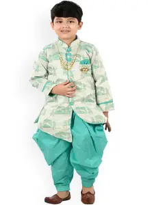 BAESD Boys Ethnic Motifs Printed Mandarin Collar Art Silk A-Line Kurta With Dhoti Pant
