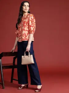 all about you Floral Print Mandarin Collar Puff Sleeves Pure Cotton Shirt Style Top