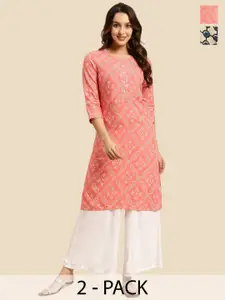 Rangita Ethnic Motifs Printed Pack of 2 Round Neck Knee Length Straight Kurta