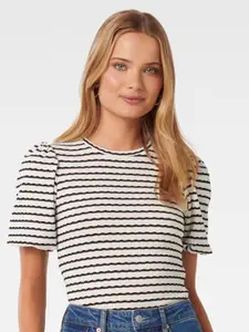 Forever New Horizontal Stripes Round Neck Puff Sleeves Opaque Fitted Striped Top