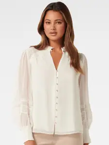 Forever New V-Neck Puff Sleeves Opaque Shirt Style Top