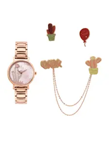 Titan Women Floral Printed Analogue Watch with Set of 4 Brooches