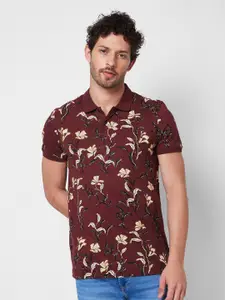 SPYKAR Polo Collar Short Sleeves Floral Printed Cotton Slim Fit T-shirt