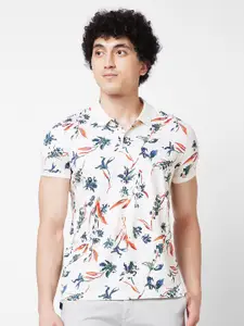 SPYKAR Polo Collar Short Sleeves Floral Print Cotton Slim Fit T-shirt