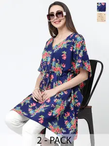 MISS AYSE Floral Print Kimono Sleeve Crepe Kaftan Longline Top