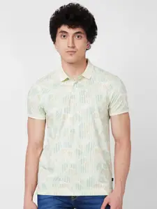 SPYKAR Floral Printed Polo Collar Short Sleeves Slim Fit  Cotton T-shirt