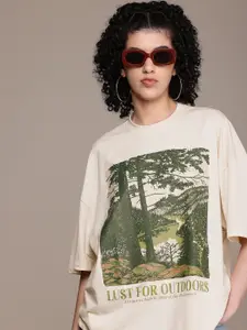 Roadster Printed Oversized Drop-Shoulder Sleeves T-shirt