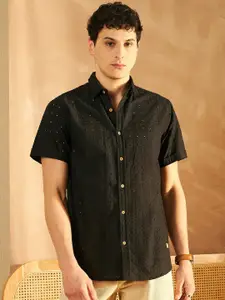 DENNISON Smart Self Black Design Spread Collar Schiffli Cotton Oversized Casual Shirt