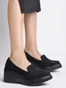 Shoetopia Embellished Pointed Toe Suede Wedge Heel Pumps