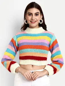 WINDROP SOLUTIONS Striped Turtle Neck Woollen Crop Pullover Sweater