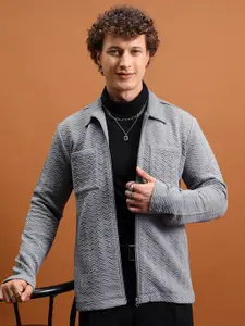 HIGHLANDER Self Design Shirt Collar Front-Open Sweatshirt