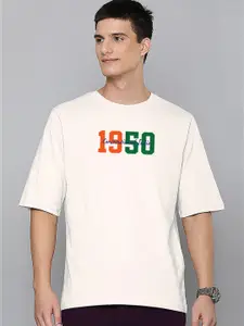 Harvard Off White Round Neck Typography Printed Cotton Oversized T-shirt