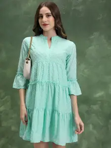 Vishudh Floral Embroidered Mandarin Collar Bell Sleeves Tiered Detail A-Line Mini Dress