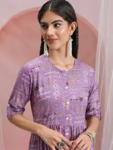 Vishudh Geometric Printed Roll-Up Sleeves Gathered Detail A-Line Midi Dress