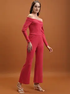 Tokyo Talkies Women Knitted Off Shoulder Top With Flared Trouser Co-Ords