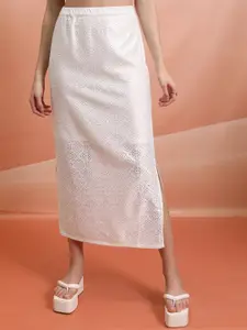 Tokyo Talkies White Crochet Straight Midi Skirt