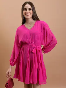 Tokyo Talkies Abstract Printed tiV-Neck Puff Sleeves Tie-Ups Detail Fit & Flare Mini Dress