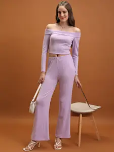 Tokyo Talkies Women Knitted Off Shoulder Top & Flared Trousers Co-Ords