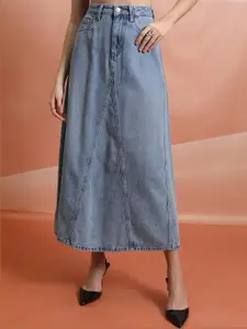 Tokyo Talkies Blue A-Line Pure Cotton Midi Skirt