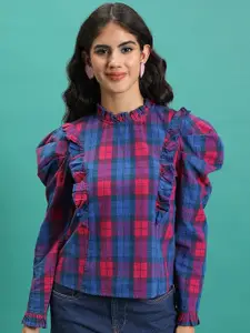 Tokyo Talkies Checked High neck long cuffed sleeves Ruffles Cotton Top