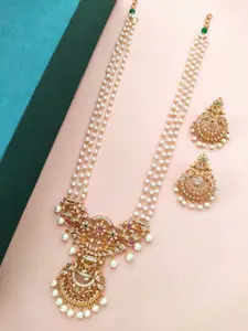 Pihtara Jewels Gold-Plated Stone Studded & Pearls Beaded Long Necklace with Earring