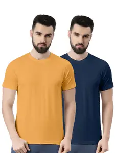 VEIRDO Mustard Yellow & Navy Blue Pack of 2 Round Neck Pure Cotton T-shirts