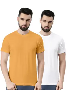 VEIRDO Mustard Yellow & White Pack of 2 Round Neck Pure Cotton T-shirts