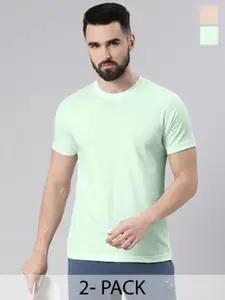 VEIRDO Sea Green & Beige Pack of 2 Round Neck Pure Cotton T-shirts